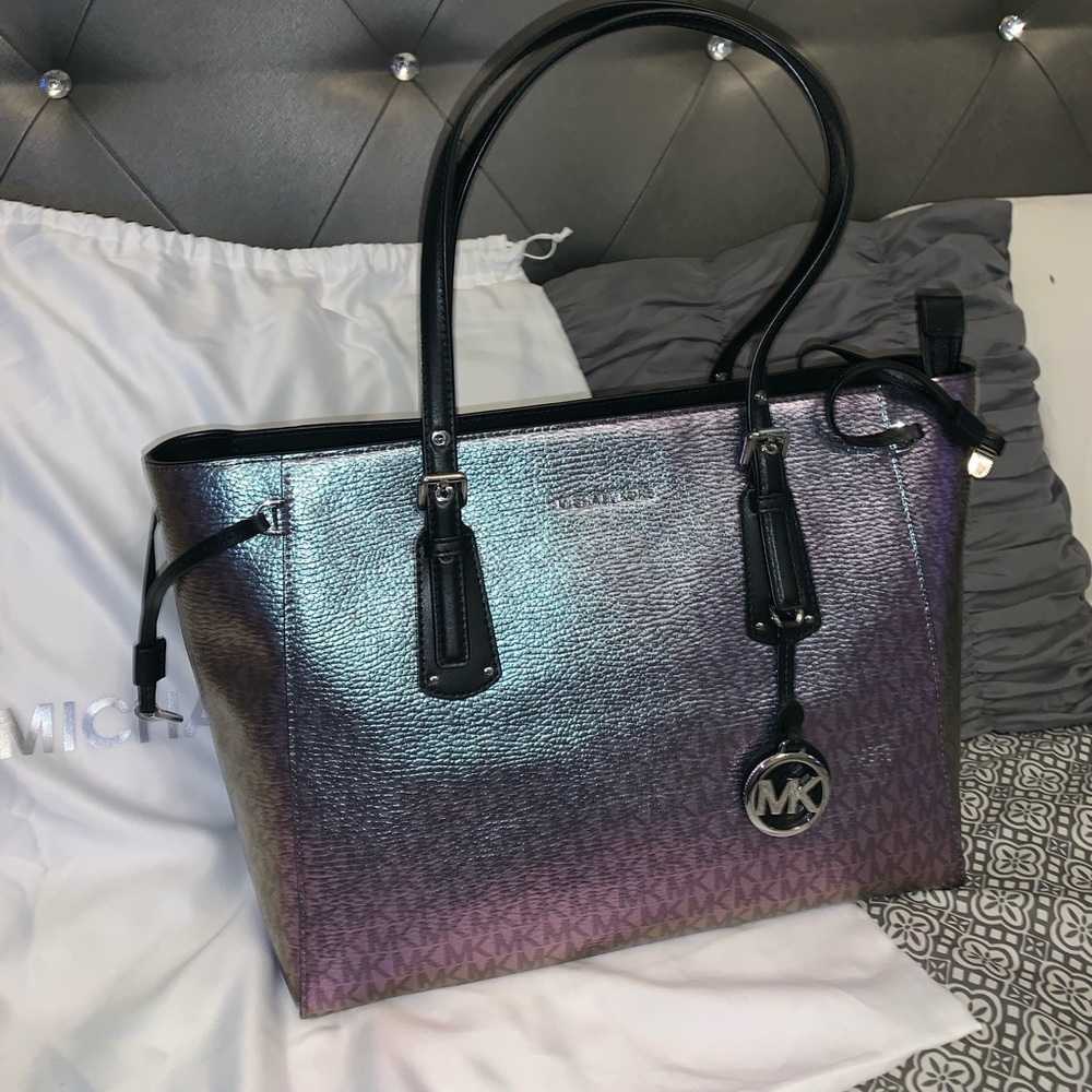 MK purple toned-iridescent tote purse with silver